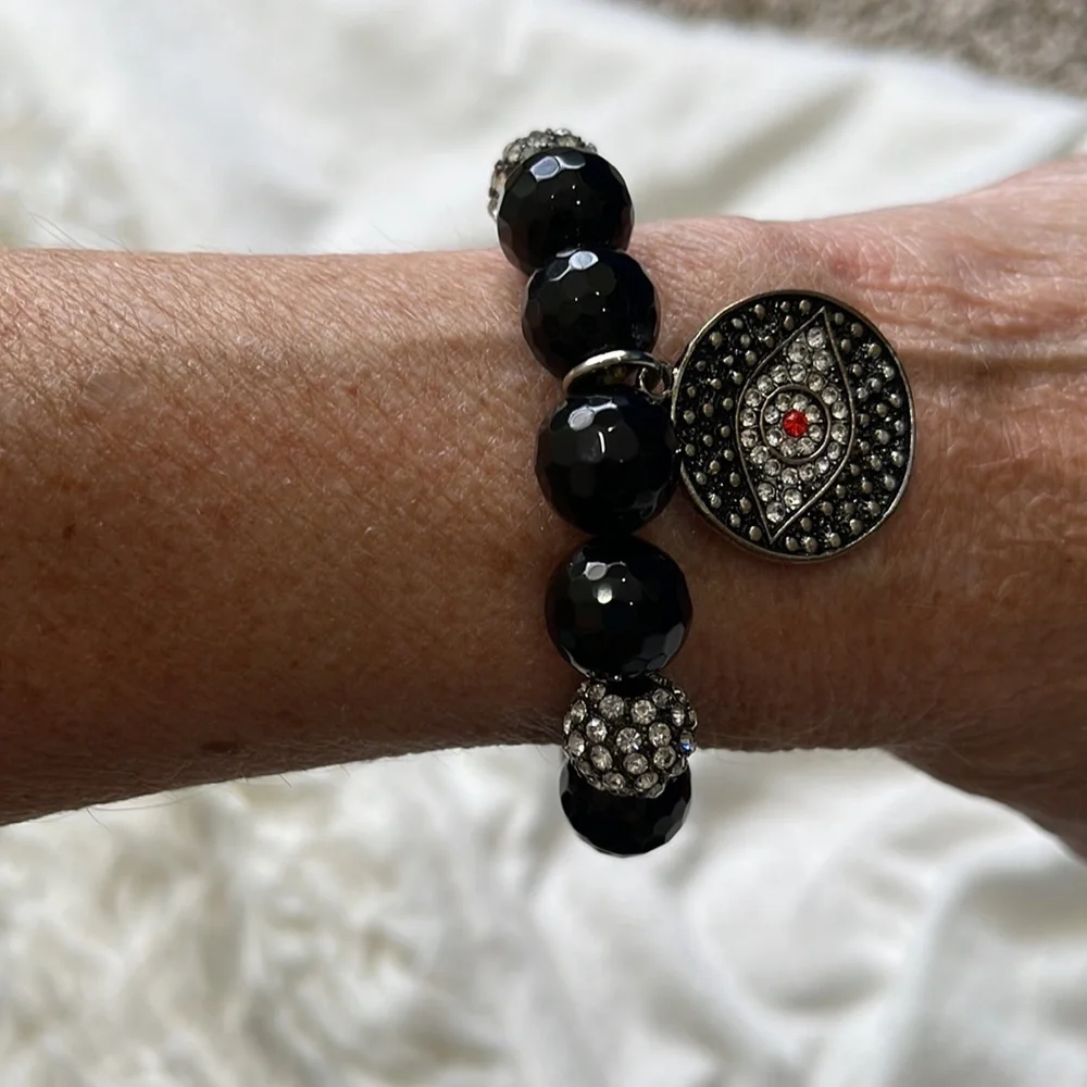 Evil Eye Black Beaded Crystal Stretch Bracelet